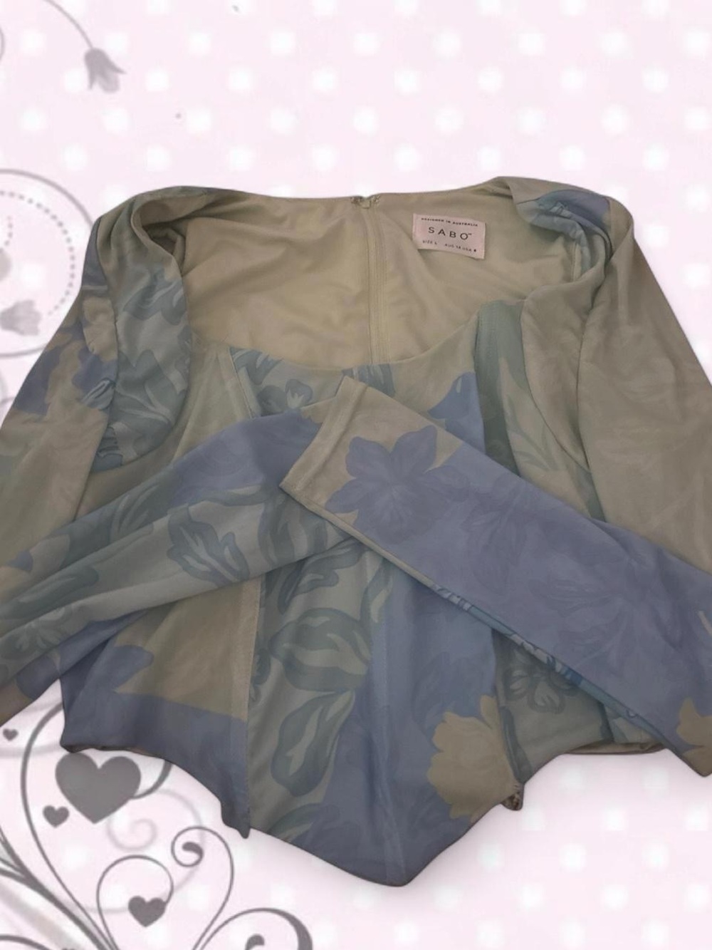 Sabo Floral Sheer Long-Sleeve Crop Top  corset in Sage and Dusty Blue